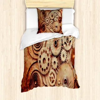 ABAKUHAUS Uhr Bettbezug Set für Einzelbetten, Vintage Uhren Steampunk Grunge, Milbensicher Allergiker geeignet mit Kissenbezug, Beige Mehrfarbig - Beige