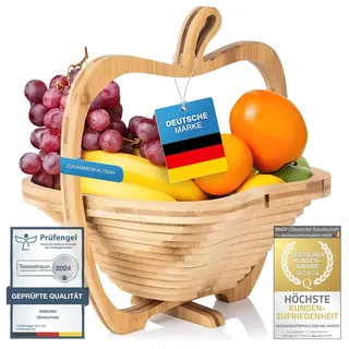 Dimono® Obstkorb Holz 30x28 cm, faltbare Obstschale, 3-in-1 klappbar | Ersetzt drei Küchenhelfer, Apfel-Form aus Bambus, flach verstaubare Gemüseschale, als Topfuntersetzer & Obstaufbewahrung.
