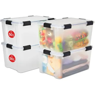 Iris Ohyama Luftdichte Kunststoff-Aufbewahrungsboxen mit Deckel, 50L, 4er-Set, Transparent, Hermetischer wasserdichter Verschluss, Robuste Schnappverschlüsse, Stapelbar, Staubschutz, BPA-frei, AT-L