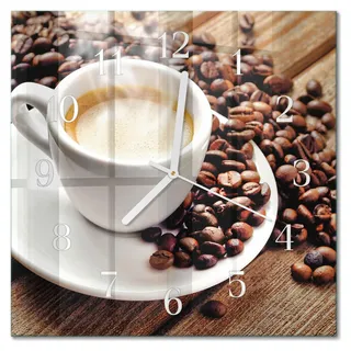 Tulup Glasuhr Wanduhr Küchenuhr Echt-Glas 30x30 cm Modern Dekorativ Geräuschlos Weiße Zeiger - Tasse Kaffee - Braun