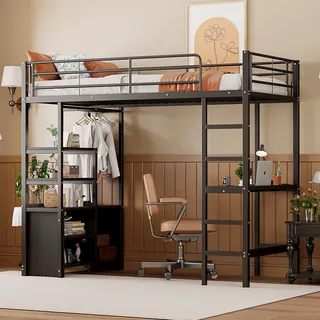 Flieks Etagenbett 90x200cm mit Schreibtisch & Ladefunktion (USB & Steckdose), Hochbett Jugendbett mit Schrank & Regal, Metallbett Kinderbett, Schwarz - Schwarz