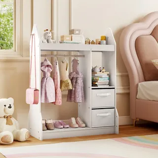 FANTASK Kinderkleiderschrank mit Stoffschubladen, 81 x 38 x 107 cm, Kindergarderobe mit Spiegel & Kleiderstange, Kinder Kleiderständer aus Holz für Kinderzimmer (Weiß)