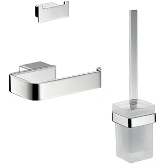 emco LOFT Badacccessoire-Set, Toilettenpapierhalter, WC-Bürstenganitur & Doppelhaken, elegantes Badezimmerset zur Wandmontage aus Metall, chromfarben