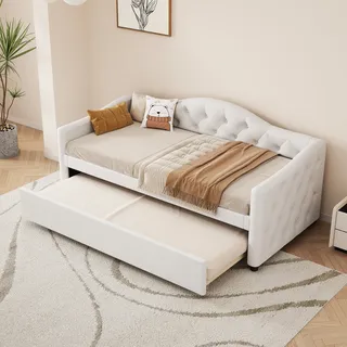 okwish Schlafsofa Daybett 90x200cm mit Ausziehbarem Unterbett 90x190cm und Lattenrost, Tagesbett Kinderbett Jugendbet(Ohne Matratze)- Beige - Beige