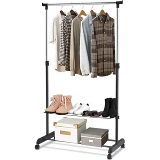 COSTWAY Kleiderständer mit 2 Ablagen und Rollen, Garderobenständer höhenverstellbar Kleiderstange, Rollgarderobe stabil, 84x42x92-168cm schwarz - Schwarz, Silber