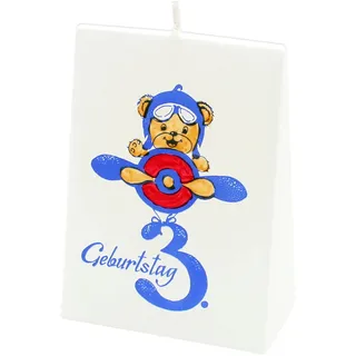 Hochwertige Geburtstagskerze zum 3. Geburtstag Motiv: Teddy im Flieger, handgemacht und handbemalt, L/B/H 9 x 5 x 12 cm.