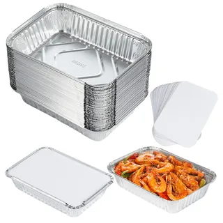 Dezzer Einweg-Aluminiumfolien-Tabletts mit Papierdeckel, 21,2 cm x 14,7 cm x 4,8 cm, Folien-Lebensmittelbehälter zum Backen, Kochen, Ofen, Lebensmittelaufbewahrung, Grillen, Braten, 40 Stück