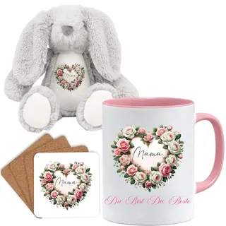 Muttertag Geschenkset: Liebevolles Mama-Design Teddybär, Tasse & Untersetzer - Herz aus Blumen mit 'Mama' Schriftzug