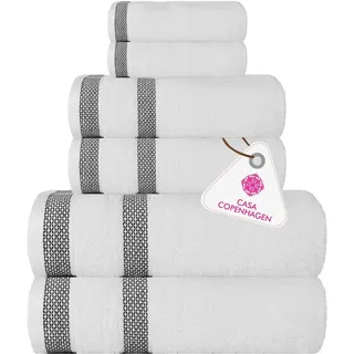 Casa Copenhagen Solitaire-Handtuchset, entworfen in Dänemark, 600 g/m2, Hotel & Spa, Küche & Bad, ägyptische Baumwolle, 6-teiliges Set mit 2 Badetüchern, 2 Handtüchern, 2 Waschlappen – Reines Weiss