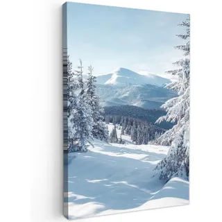 MuchoWow Leinwandbild Winterlandschaft - Natur - Berge - Bäume - Schnee Wanddeko Schlafzimmer 60x90 cm , Hellblau , Textil , Kiefer , Abstrakt , Rechteckig , 60x90 cm , FSC 100% , gerahmt , Bilder & Rahmen, Bilder, Leinwandbilder