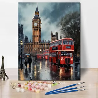 TISHIRON Malen nach Zahlen Erwachsene - DIY Malen nach Zahlen Kit mit London Regen Szene, Big Ben und Rotem Bus Malen für Erwachsene, 40x50 cm