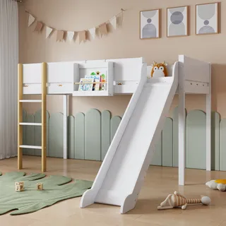 Fortuna Lai Etagenbett 90x200cm mit Rausfallschutz, Kinderbett mit Rutsche und Leiter, Hochbett mit abnehmbarem Regal, Hausbett Einzelbett Massivholzbett, Weiß - Weiß