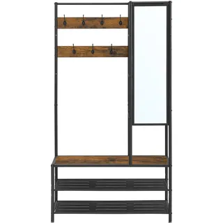 VASAGLE Garderobenständer mit Kleiderhaken, Spiegel, Schuhbank, Kleiderständer, Garderobe, Schuhregal mit Sitzfläche, für Flur, Industrie-Design, 35 x 98 x 182 cm, vintagebraun-schwarz HSR420B01
