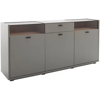 Stylife Sideboard , Grau, Eichefarben , Glas, Holzwerkstoff , 3 Fächer , 1 Schublade(n) Schubladen , 185x88x44 cm , Beimöbel erhältlich , Holzmöbel, Wohnwände Holz, Wohnwand Serien Holz