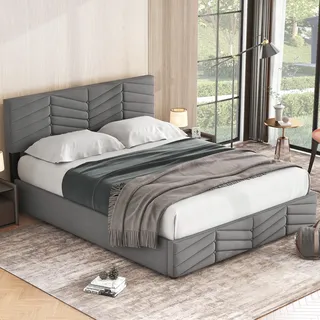 MODFU Polsterbett Boxspringbett 140×200 cm mit höhenverstellbarem Kopfteil und Bettkasten, Doppelbett Holzbett Samt, Grau(Ohne Matratze) - Grau