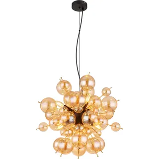 Globo Lighting Hängeleuchte Metall schwarz matt, Metall goldfarben, Glaskugeln amber, Kabel PVC schwarz, Höhe kürzbar, ø: 550mm, H: 1200mm, Glaskugeln-DM: 24 x 6 cm, 24 x 10 cm, exkl. 6x E14 25W 230V - Schwarz