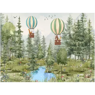 Fototapete Kinderzimmer, Wald, Waldtiere Bäume, Fluss, Bär, Berge, Reh, Kiefer, Tapeten für Kinder Babyzimmer Vlies Tapeten wandtapete Mädchen und Jungen Ballons Heißluftballon Tapete nach Maß 1m2