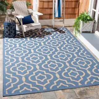SAFAVIEH Geometrisch Teppich für Wohnzimmer, Esszimmer, Schlafzimmer - Wasserdicht - Courtyard Collection, Kurzer Flor, Blau und Beige, 201 X 290 cm