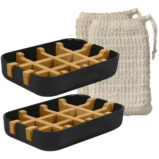 EDARTO® 2er Set Seifenschalen aus Bambus & Maisstärke, Nachhaltig, Umweltfreundlich mit Abtropfschale, 2 Sisal Seifensäckchen, Seifenhalter, Seifenablage, Seifenunterlage für feste Seife, Bad & Dusche