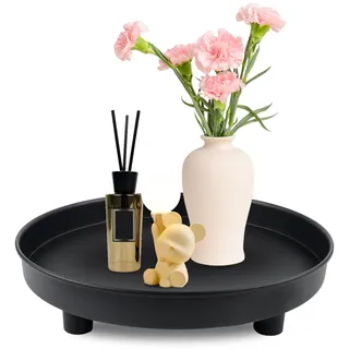 Deko Serviertablett Rund Schwarz 23cm - Rundes Tablett aus Edelstahl Dekoteller Metall Make up Organizer Kerzentablett Ablageschale Tablett für Schmuck Make-up