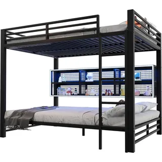 Etagenbett 2-stöckig - Metallrahmen - Matratzenbreite 140 cm - Für Kinder/Jugendliche/Erwachsene - Mit Stauraum - Modernes Design - Schwarz