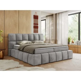 MKS Meble Boxspringbett, Doppelbett NIRA mit dekorativem Kopfteil, Multipocket-Matratze und Topper, Polsterbett mit Bettkästen - 120 x 200 cm - H3... - Grau