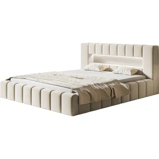 Polsterbett AMBER mit LED Beleuchtung Doppelbett 120 x 200 cm mit Lattenrahmen und Bettkasten, Farbe: Beige - Beige
