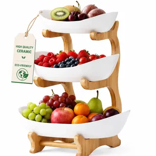 Realoutlet 3-stöckige Keramik Obstschale mit Holzständer, Obstetagere für Obst, Kuchen und Snacks, Mehrstöckiger Obstkorb, Obst- und Snackständer für Küche, Arbeitsplatte, Dekoration und Geschenkidee