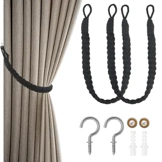 Vorhang Raffhalter, 2 Stück Schwarz Curtain Rope Buckle mit 2 Knöpfe, Handgestrickte Vorhang-Raffhalter, Baumwolle Vorhangbinder, Gardinen Raffhalter, Vorhänge Holdback für Wohnzimmer, Schlafzimmer