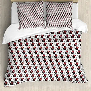 ABAKUHAUS Gitarre Bettbezug, Rock E-Gitarre, Milbensicher Allergiker geeignet mit Kissenbezügen, 200 cm x 200 cm - 80 x 80 cm, Rot Schwarz Weiß