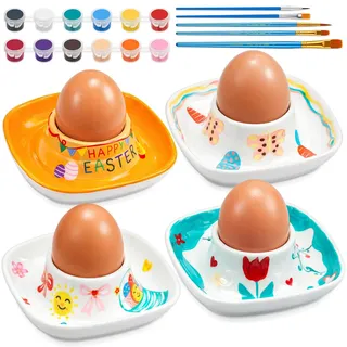 Sinmoe 4er Eierbecher Keramik Ostern Eierbecher zum Bemalen Porzellan Weiss mit 12 Stück Acrylfarbe 5 Pinsel Acrylfarbe Ostergeschenke DIY Keramik Bemalen Set für Ostern Frühling