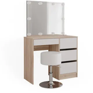 Vicco Schminktisch Sherry, 90 cm mit LED Beleuchtung und Hocker, Sonoma/Weiß