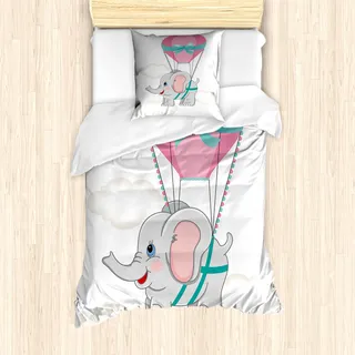 ABAKUHAUS Kindergarten Mantele, Elephant Luftballon, Milbensicher Allergiker geeignet mit Kissenbezügen, 135 cm x 200 cm - 80 x 80 cm, Rosa Hellgrau Teal - Rosa