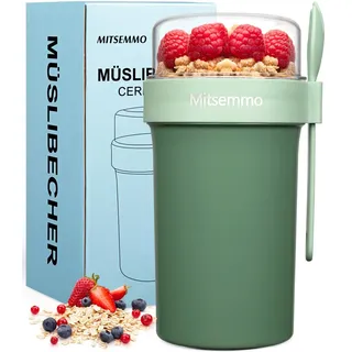 Mitsemmo Müslibecher to Go 760ml+230ml,Müsli Cup to Go Becher,Joghurtbecher to Go mit Löffel,Cornflakes Müslibecher Suppenbecher Müslischale Frühstücksdose Müslibox,Joghurt Box to Go Becher (Grün)