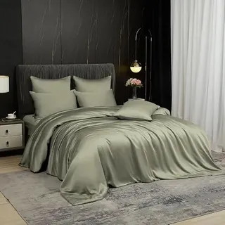 Gezu Bambus Bettwäsche 200x200cm Salbeigrün Grün Kühlende Sommer | Bettbezug aus Bio Bambus Tencel Weich Oeko-TEX® Bettwäsche Set Bambusfaser mit Reißverschluss und 2 Kissenbezüge 80x80