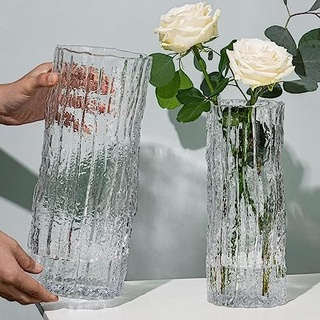 QEEYON Glasvase Modern Zylinder Glas Vase Groß Deko Vasen Handgefertigte Glacier Klar Glasvase mit Massivem Eisboden Glas Blumenvase für Home Office Hochzeit Dekor Geschenk (25 * 10cm)