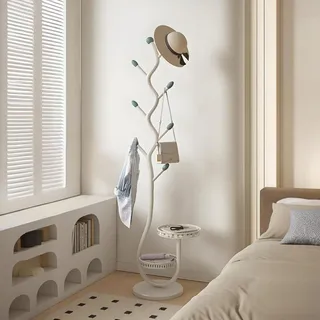 TETK Baumförmiger Garderobenständer mit 2 Ablagen, Kohlenstoffstahl Weiß mit Ablage, 8 Haken, Jackenständer Stehend, Hanger Stand, Lackiert, Garderobenständer Stabil, 29×29×170cm (Weiß)