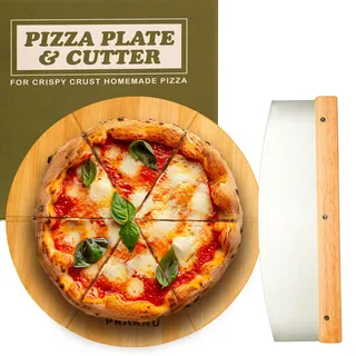 Pizzabrett mit Schneider - Pizza Wiegemesser aus Edelstahl mit Scharfer Klinge & Holzgriff - Brett aus FSC® Bambus mit Vorgefrästen Rillen