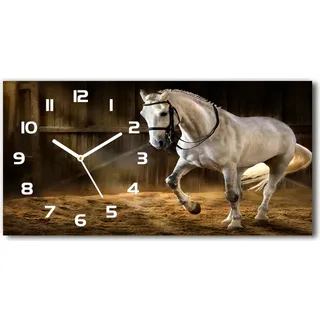 Wanduhr aus Glas – 60x30 cm - Glasbild - Glasuhr - Gehärtetes Glas - weisse-zeiger - Weißes Pferd im Stall