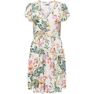 JDY Damen Viskose Kleid JDYSezen Life Kurzarm-Sommerkleid mit Blumen Knielang 15351568 Cloud Dancer/Tropical Flowers M