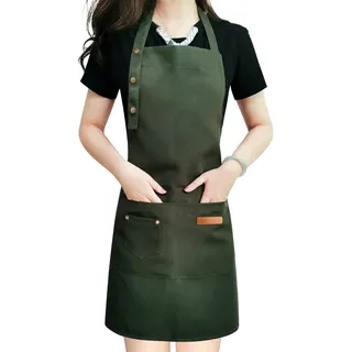 LOYGLIF Schürze für Männer und Frauen, mit verstellbaren Trägern und großen Taschen, Segeltuch, Baumwolle, Kochschürzen, wasserdicht, Grün