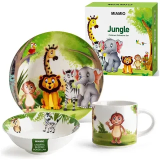 MiaMio - 3er-Set Kindergeschirr/Porzellan Kinderbesteck, Kindergeschirr-Set aus Porzellan - Inklusive Teller, Schüssel und Tasse - Für Kinder und Kleinkinder (Dschungel) Jungle Grün