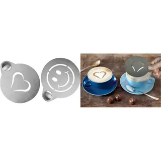 SECURIT - Kaffee Schablonen Set von 2 - Edelstahl - Grau | Herz und Smiley - Wiederverwendbar - Für Kaffee und Cappuccino