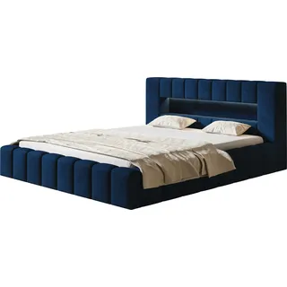 Polsterbett AMBER mit LED Beleuchtung Doppelbett 120 x 200 cm mit Lattenrahmen und Bettkasten, Farbe: Blau - Blau