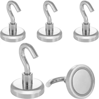 POPPSTAR 5 Stück Magnethaken extra stark (Haftkraft 36 kg, Durchmesser 32mm) Neodym Haken-Magnete