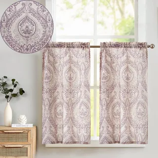 TOPICK Scheibengardine Leinen Vorhang Vintage Bistrogardine Landhaustil Blumen Bedruckt Gardine Geblümt Scheibengardinen Blickdicht für Küche Wohnzimmer Landhaus 2er-Set Lila auf Beige 65B x 60H(cm)