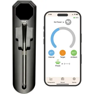 TFA Dostmann SMART BBQ 2 Fleischthermometer Kabellos 100 m, 14.1517.01, Grillthermometer, Bratenthermometer, für Grill Smoker Backofen Airfryer, Geschirrspüler geeignet, bis 300°C, schwarz