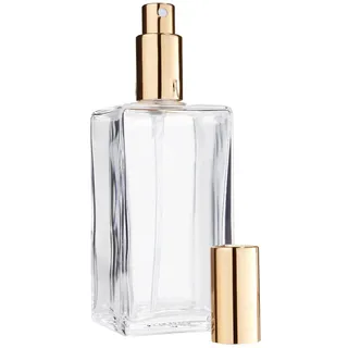 Fantasia Parfum Flakon leer 100ml mit Zerstäuberpumpe, Klarglas Flasche eckig, zum selber Befüllen mit Parfum, Zerstäuber und Kappe in Gold, nachfüllbar für 100ml