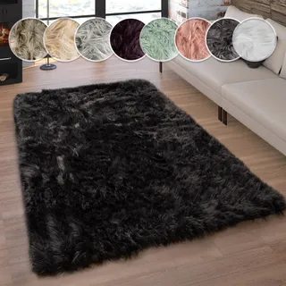 Paco Home Fellteppich »Playa 960« rechteckig 64 mm Höhe Kunstfell, Flokati-Optik, Hochflor, weich und flauschig, Uni-Farben, schwarz