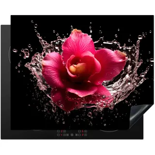 KitchenYeah© Herdabdeckplatte Einteilig Glaskeramikkochfeld Abdeckplatte Küche Deko | 65x52 cm - Glaskeramikkochfeldabdeckung Herdabdeckung Induktionsmatte Blumen - Rosa - Wasser - Schwarz - Botanisch - Natur